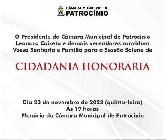 “CIDADANIA HONORÁRIA” ACONTECERÁ NESTA QUINTA NA CÂMARA MUNICIPAL