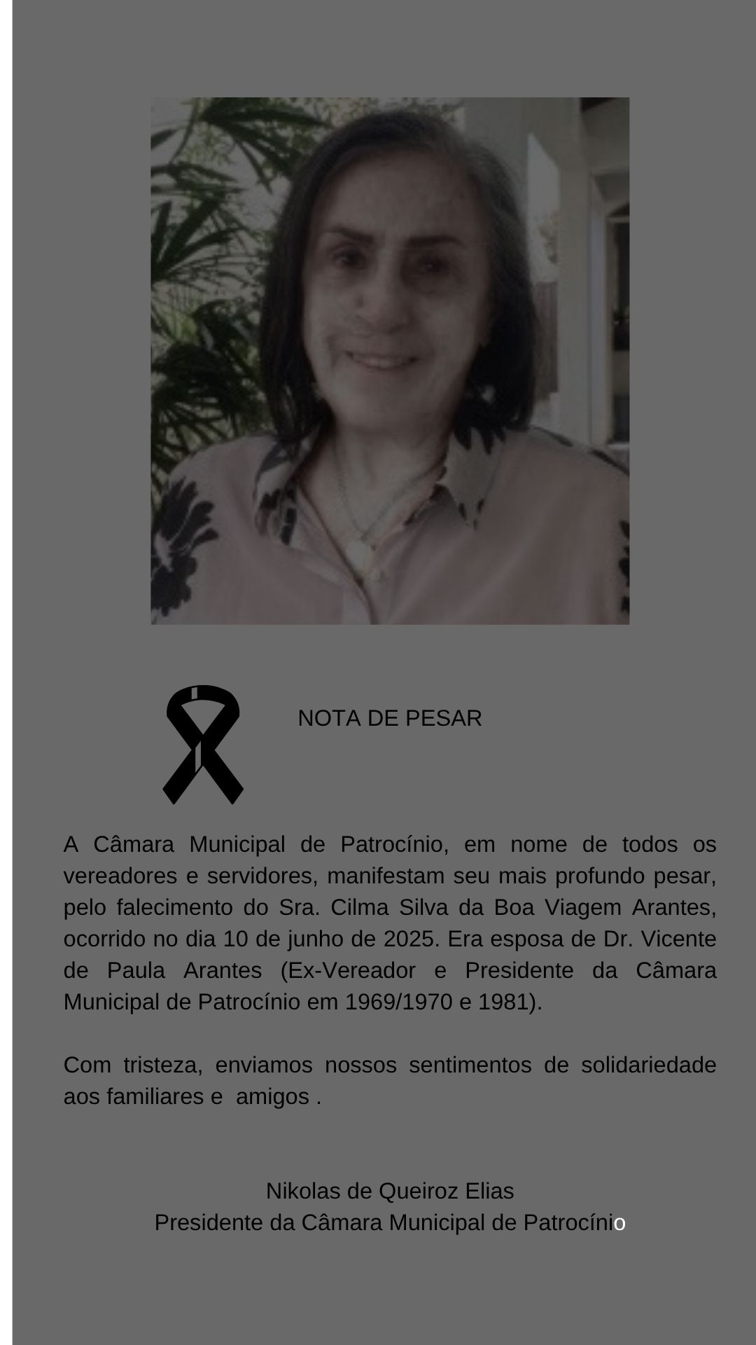 Nota de Pesar - Falecimento da Sra. Cilma Silva da Boa Viagem Arantes
