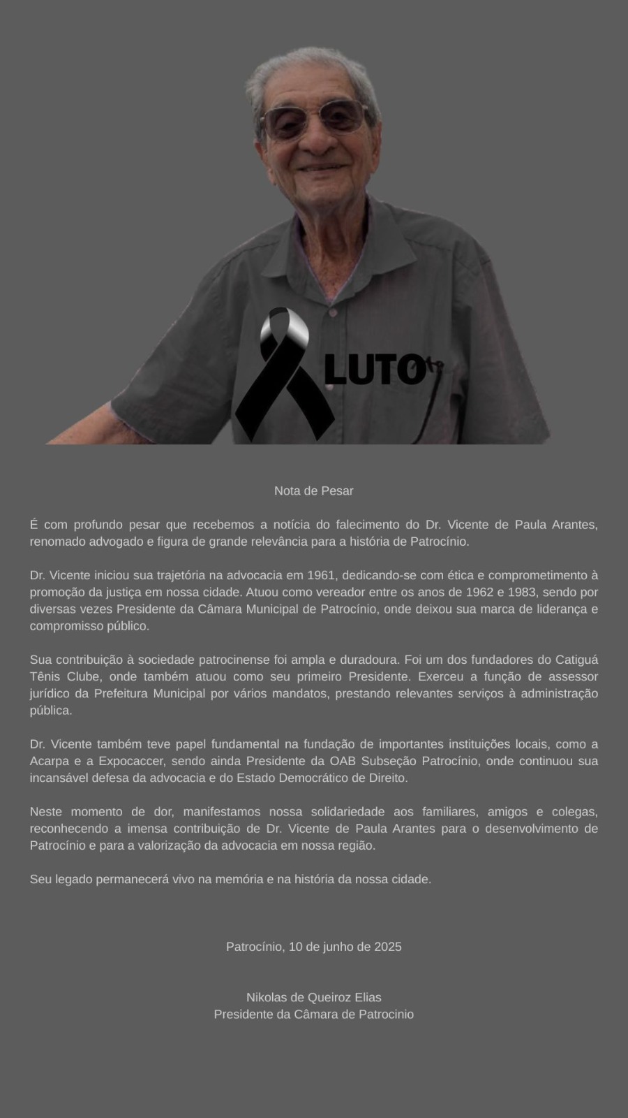 Nota de pesar - Falecimento do Dr. Vicente de Paula Arantes 